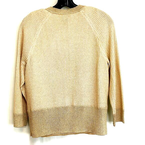 St. John SoCa Rib Knit Rayon Wool Metalized Gold Cardigan Tank Sweater Set Sz M - Picture 3 of 13